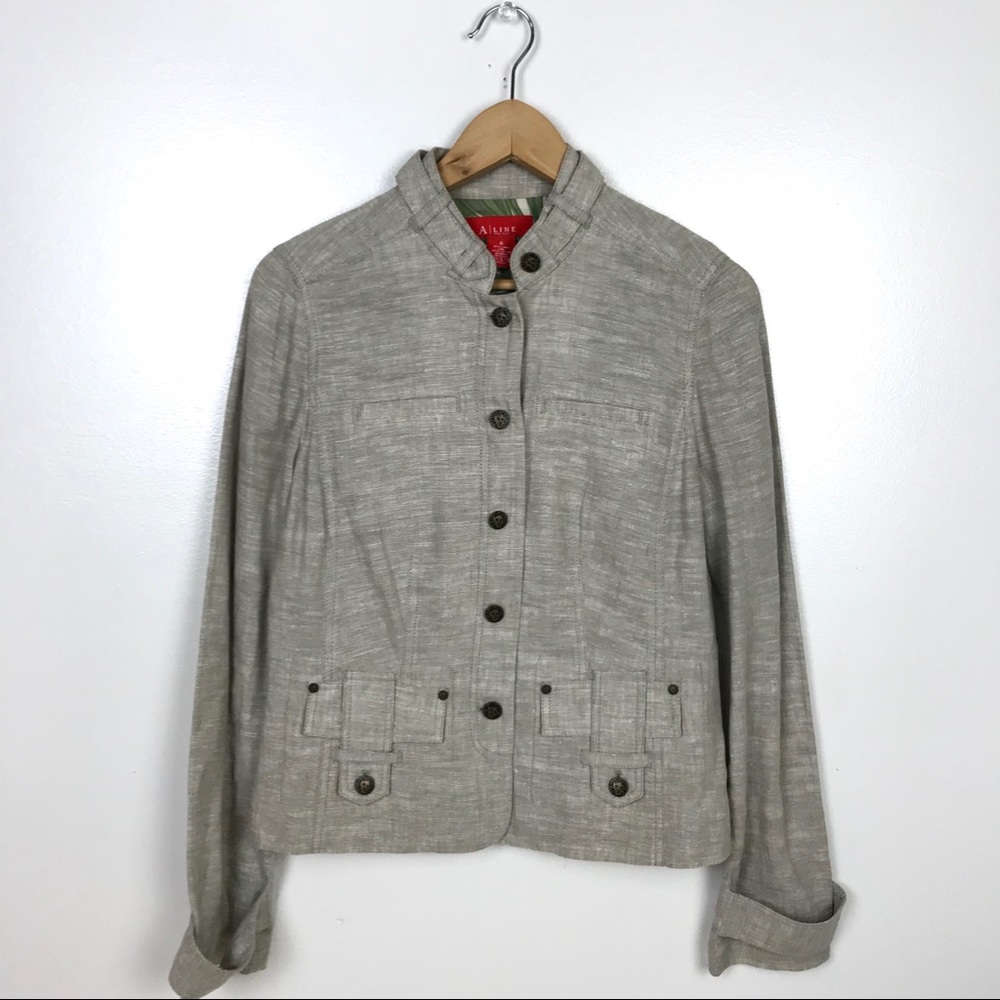 Ann Klein Tan Linen Military Style Jacket Size 6
